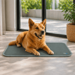 Hund liegt entspannt auf einer grünen Kühlmatte im hellen Wohnzimmer mit Fensterfront