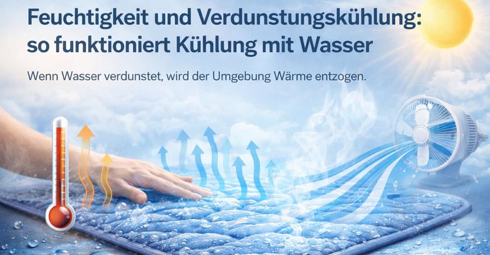 Verdunstungskühlung mit Wasser auf Kühlmatte zeigt wie Feuchtigkeit durch Verdunstung Wärme entzieht