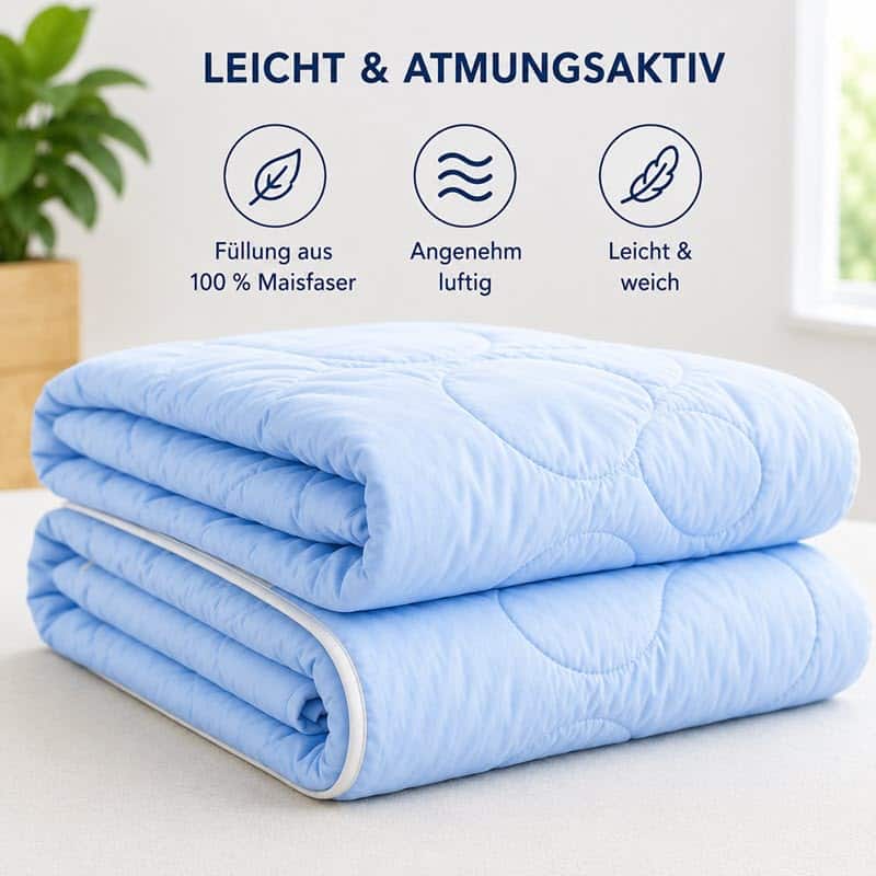 sommerdecke-maisfaser-produktbild-quadratisch_800jpg | kühlmatte.ch Light blue quilt folded on a table with German headline 'Leicht & atmungsaktiv' and icons describing filling, airiness, and softness.