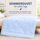 sommerduvet-produktbild-quadratisch_800jpg | kühlmatte.ch Light blue quilted duvet draped over a bed in a bright bedroom; wall reads SOMMERDUVET Für kühle Tage.