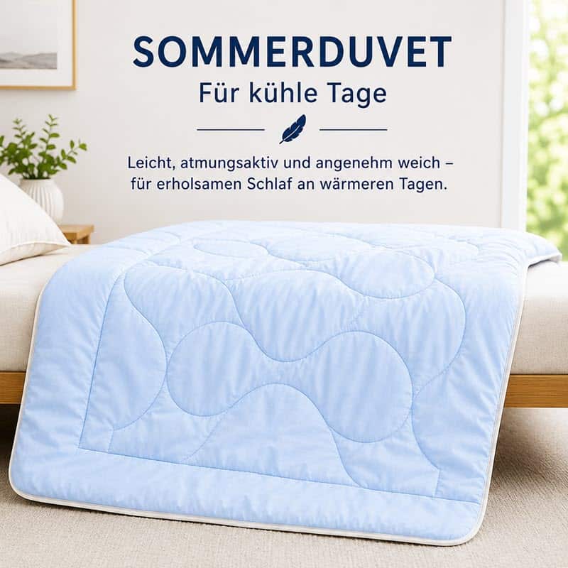 sommerduvet-produktbild-quadratisch_800jpg | kühlmatte.ch Light blue quilted duvet draped over a bed in a bright bedroom; wall reads SOMMERDUVET Für kühle Tage.
